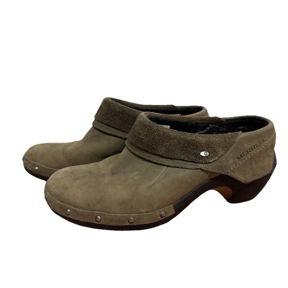 Merrell Drizzle Women’s Brown Suede Leather Clogs Comfort Slip-On Size 6.5 Studs